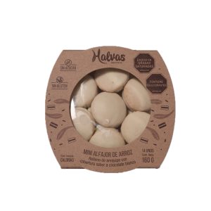 Caja con mini alfajores de arroz recubiertos de chocolate blanco Halvas x15und